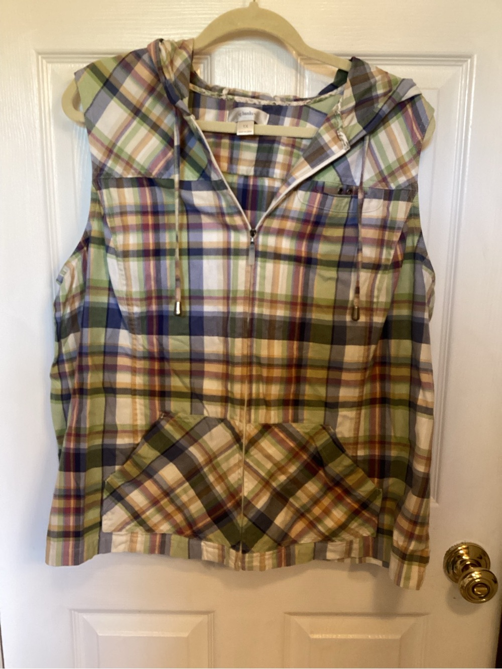 CJ Banks Sleeveless Plaid Hooded Zip-Up in Green Pink and Blue